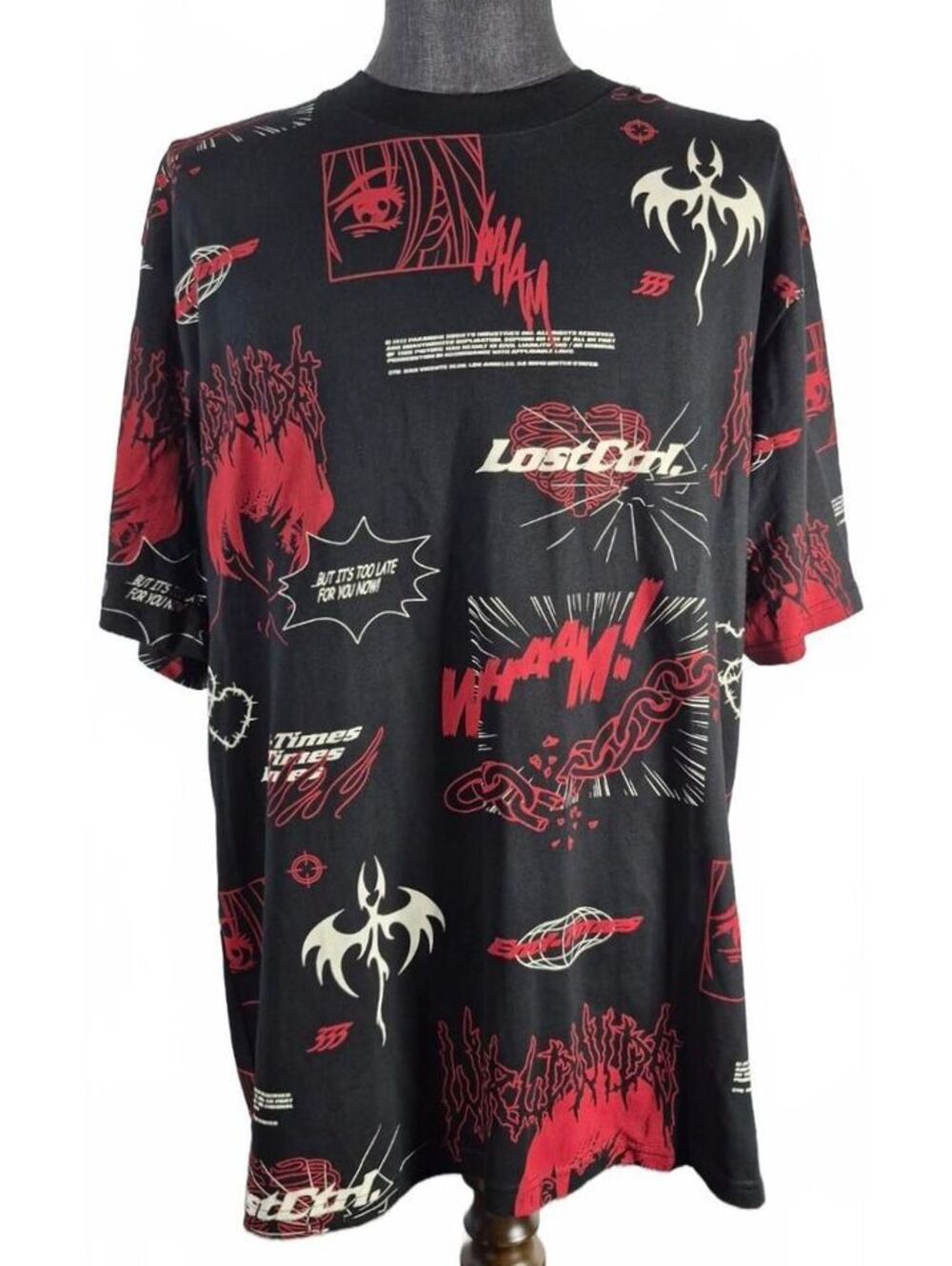 FSBN Fishbone XXL Black Red All Over Graphic Relaxed Fit Streetwear Tee